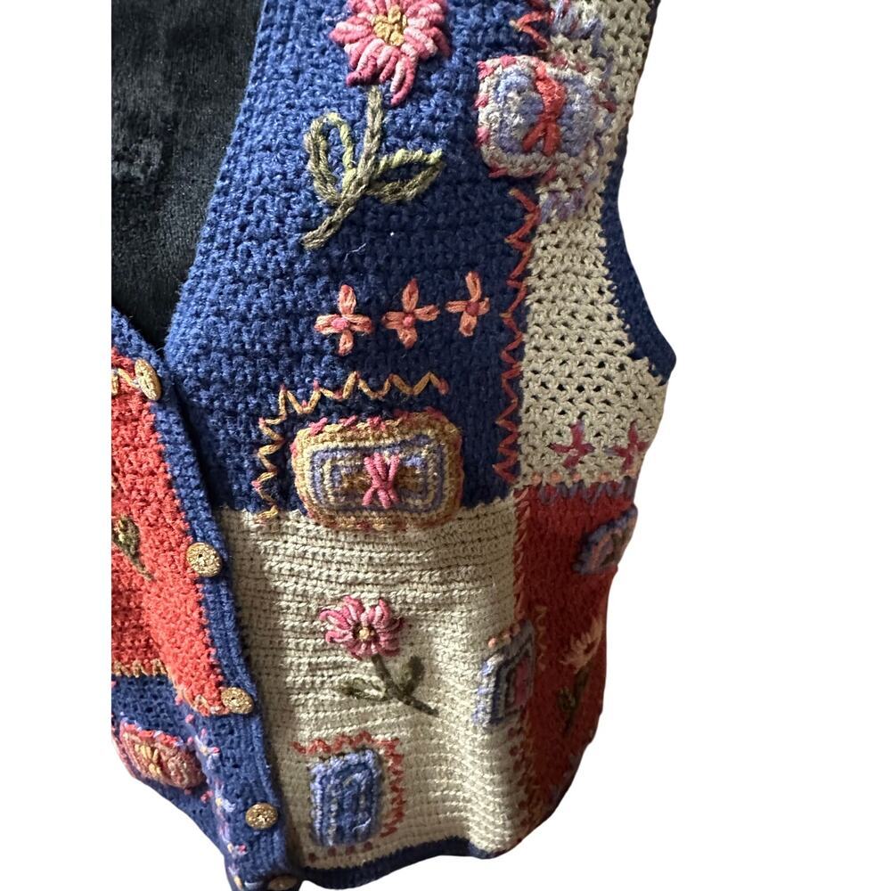 Boho Hand Knit Sweater Vest XL Cottagecore Floral Embroidered Knit Cardigan XL - Picture 12 of 14
